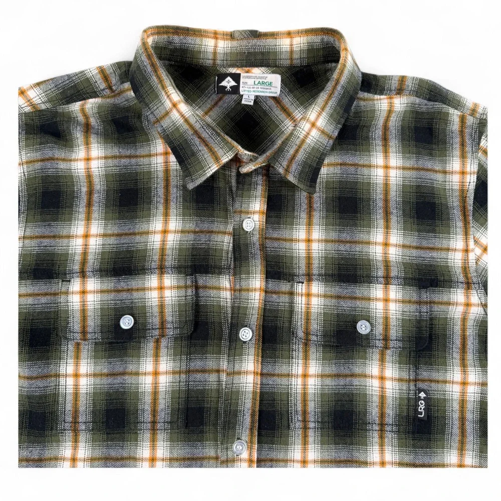 LRG‎ Lifted Research Group Shirt Mens L Green Plaid Flannel Buttoned Long Sleeve